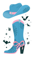 Bright Cowgirl Boots illustration to a Halloween poster or banner design. Cowboy Shoes decorated with spiders net and over Halloween stuff.