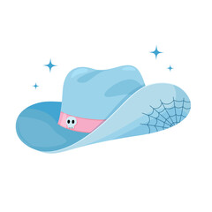 Halloween Cowboy Hat Decorated with pink ribbon and a small skull. Cute Cartoon Blue Hat Illustration. Perfect for holiday decorations, party invitations, greeting cards, stickers, seasonal projects.