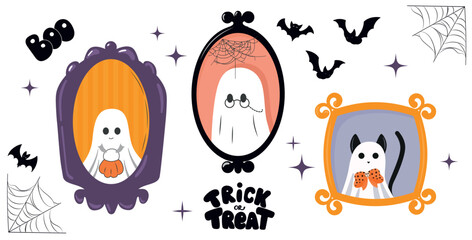 Cute Halloween Ghosts and Cat in Frames. Spooky Trendy Cartoon Illustration. Cute Halloween ghosts and a cat as a ghost in decorative frames with bats, spider webs, and Trick or Treat lettering.
