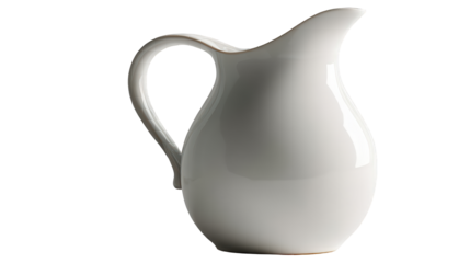 Glossy white porcelain water jug with an elegant curved handle and a subtle brown rim.