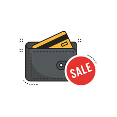 Wallet with debit card and a bright red SALE sticker for seasonal promotions, holiday spending, or discount offers that save money when shopping