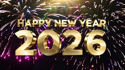 Golden 2026 sign with happy new year message and colorful fireworks celebration at night with sparks, flare and festive background for holiday greeting, countdown and party decoration - Powered by Adobe