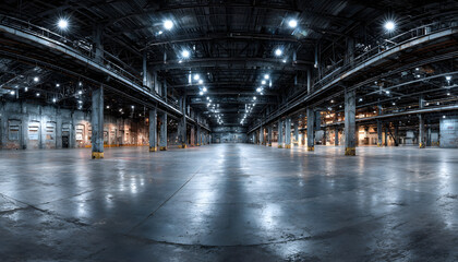 Empty industrial warehouse interior. 360 panoramic view of large, open space with concrete floor. Bright spotlights illuminate ceiling. Ideal background for product placement, event, exhibition,