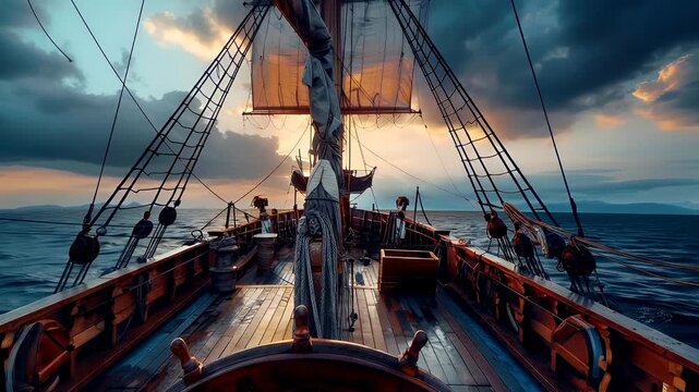 A vivid portrayal of a sailing ships deck during sunset. The ships wooden deck is detailed with ropes, pulleys, and a ships wheel. The sky above is painted with hues of orange, pink, and purple.