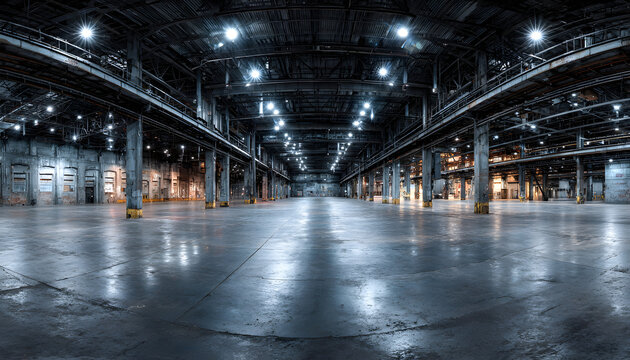 Empty industrial warehouse interior. 360 panoramic view of large, open space with concrete floor. Bright spotlights illuminate ceiling. Ideal background for product placement, event, exhibition,