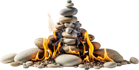 Smooth stacked river stones balanced with flickering flames and rising smoke pebbles rocks isolate transparent background transparent background