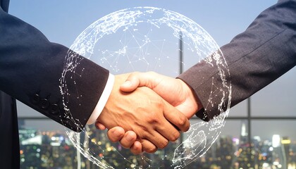 Two businesspeople shake hands, symbolizing a global partnership agreement, with a translucent globe overlaying the scene.