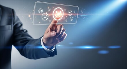 Male hand pressing glowing neutral face icon on futuristic touchscreen panel, cinematic corporate technology concept for high-end business and interface visuals