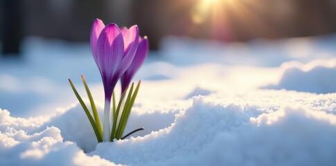Single purple crocus pushing through receding snow, bathed in sunlight , wildlife, melt, crocus