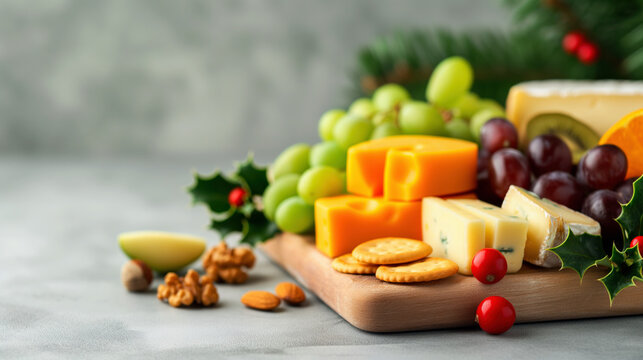 Minimally Styled Christmas Charcuterie Board With Cheeses, Fruits, and Festive Decor for Holiday Gatherings