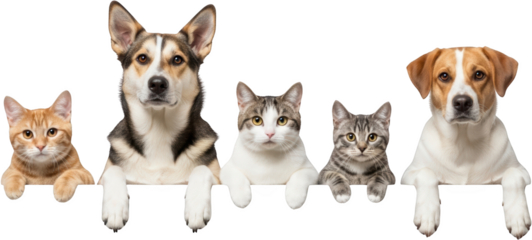 Five domestic pets including orange tabby Husky mix and Jack Russell dogs with cats peeking over a ledge isolate