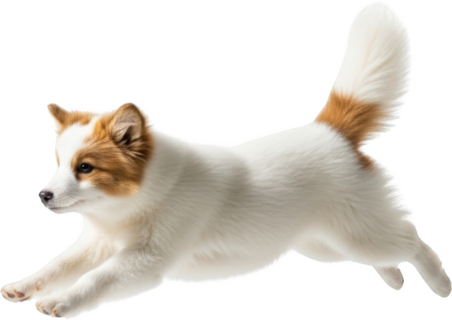 Energetic small white and tan dog in mid air jump isolated with Puppy Animal Pet Canine Mammal Transparent background