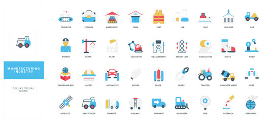 Modern flat icons for manufacturing, industry, construction, and technology projects perfect for infographics, presentations, and web design isolated on white background vector illustration