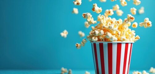 Overflowing bucket of popcorn with red, white stripes. Popcorn kernels burst outwards against vibrant blue background, creating lively atmosphere for movie nights parties. Enjoy delicious, crunchy