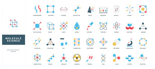 Colorful flat style molecule science icons for chemistry, biology, research, and education projects isolated on white background vector illustration