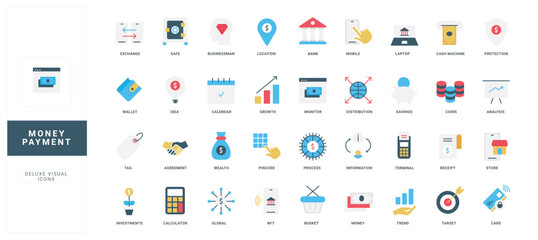 Modern flat style icons set showing money payment, banking, finance, and business concepts, perfect for web, apps, and presentations isolated on white background vector illustration