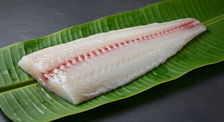 "Raw seafood fillet on tropical banana leaf, perfect for cooking and grilling"