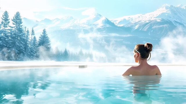 Winter hot spring bath pool in resort. A digital artwork depicting a serene winter landscape with snowcovered mountains and a woman in a hot tub. The style is realistic with a touch of fantasy.