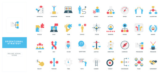 Set of flat style icons for operational strategy, business planning, decision making, teamwork, leadership, and management concepts isolated vector illustration