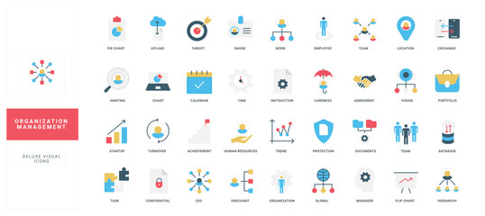 Collection of flat style organization management icons with labeled titles covering business structure, workflow, leadership, and data concepts isolated vector illustration