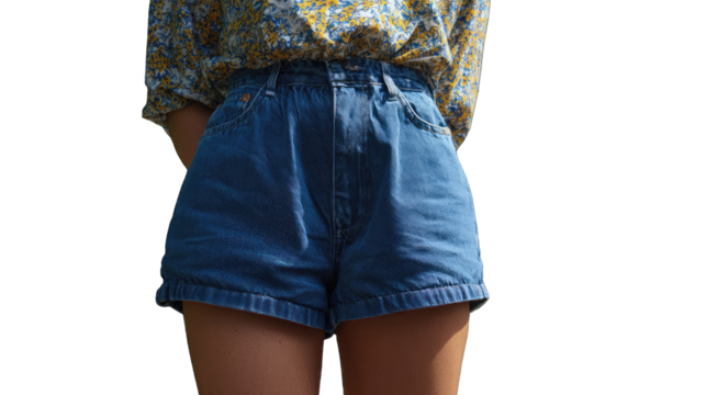 Close-up of woman's midsection, wearing denim shorts and a patterned top