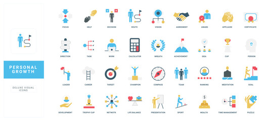 Collection of flat style icons representing personal growth, achievement, leadership, motivation, and self-improvement concepts, useful for visualizing success development isolated vector illustration