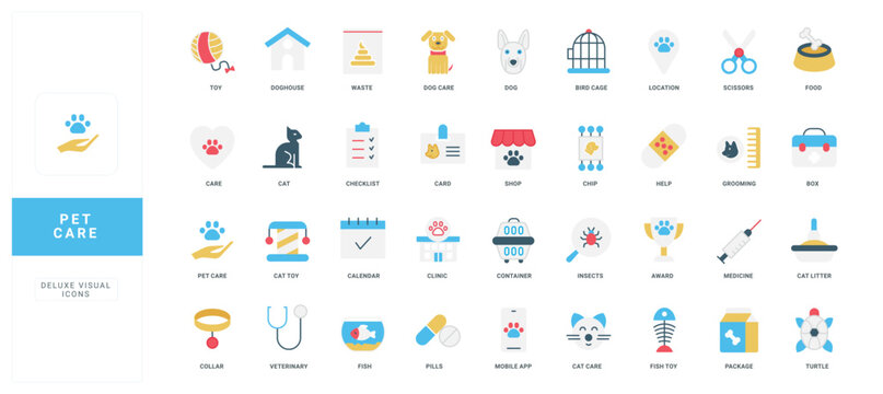 Comprehensive set of flat style pet care icons including animals, accessories, health, grooming and veterinary elements for animal service and information needs isolated vector illustration