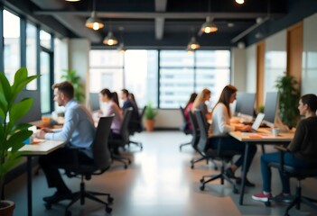 Generative AI: Blur office workspace scene with people working and computer use depiction
