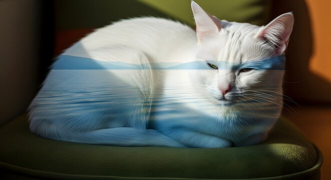 A serene white cat resting on a green chair, with a dreamy overlay of a seascape.