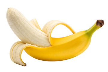 Vibrantly yellow banana, partially peeled, showcasing its fresh, edible fruit, isolated on a clean white background, highlighting healthy eating choices and a nutritious snack option.