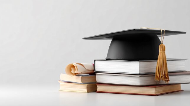 Graduation Cap and Books on White Background for Educational Concepts