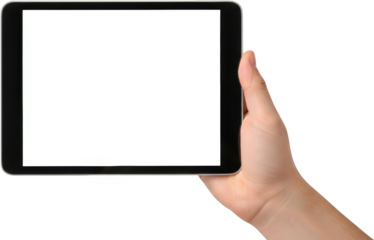 Person's hand holding a tablet device with a blank white screen for showcasing content technology isolate transparent background