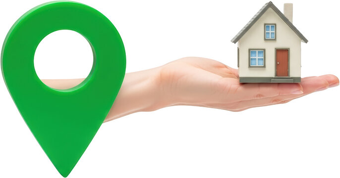 Hand holding a small house and large green location pin isolate home real estate property map navigation