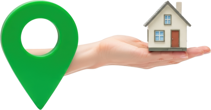 Hand holding a small house and large green location pin isolate home real estate property map navigation