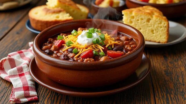 Hearty, steaming bowl of chili topped with cheese, sour cream, and green onions, served with cornbread on a rustic wooden table.