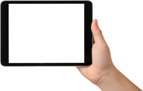 Person's hand holding a tablet device with a blank white screen for showcasing content technology isolate transparent background