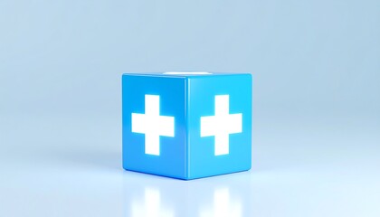 Obraz premium A vibrant light blue cube, featuring a prominent white plus symbol, is displayed against a pale blue background.