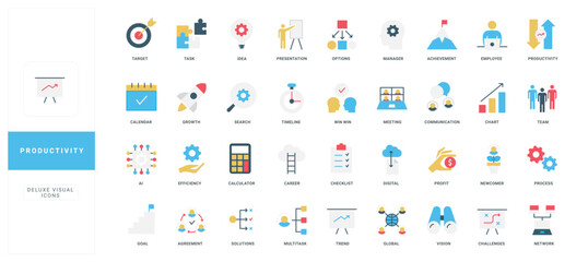 Colorful flat style productivity icons including goals, teamwork, growth, planning, achievement, and digital tools for business and workflow improvement isolated vector illustration