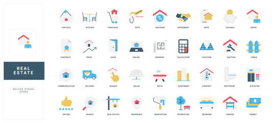 Modern flat style real estate icons set featuring property, finance, home, and service concepts with clear titles for business, investment, and housing topics isolated vector illustration