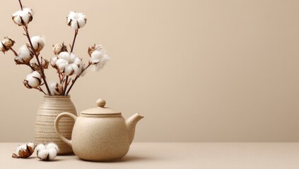 Beige teapot and vase with cotton stems against a neutral backdrop. Minimalist arrangement with textured pottery and fluffy cotton bolls