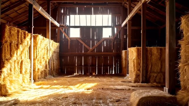 A rustic barn interior with straw bales and sunlight filtering through the wooden beams.