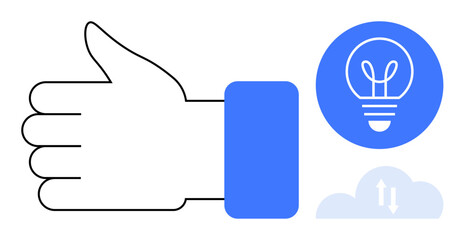 Thumbs-up hand gesture alongside a lightbulb in a circle and cloud icon with arrows. Ideal for creativity, brainstorming, innovation, feedback, approval, teamwork, and simple landing page