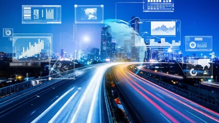 Futuristic Urban Landscape with Data Visualization Overlays and High Speed Traffic - Powered by Adobe