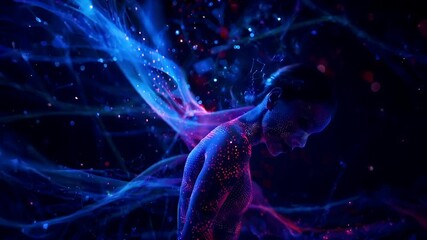 Futuristic digital 3D hologram. 3D digital artwork of a womans face and neck, with a digital overlay of blue and pink dots and lines, set against a dark background.