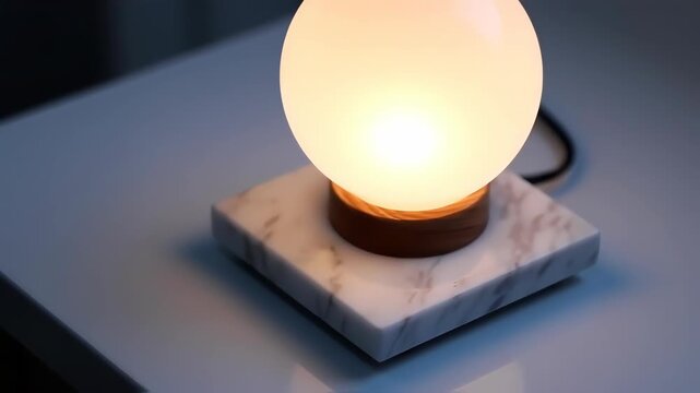 Close-up of a warm-glowing, spherical table lamp with a marble base