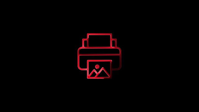 Neon Printer Icon with Photo Print Animation on Black Background 4k video, technology