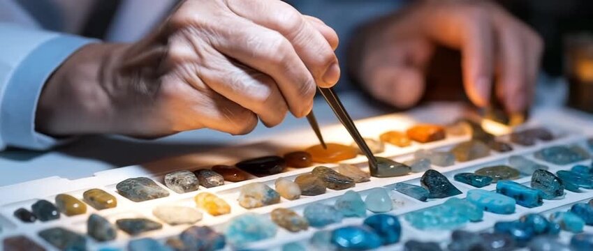 Under specialised lighting, an expert evaluates several vibrant diamonds on a white tray, determining their brilliance and flaws in order to certify them.