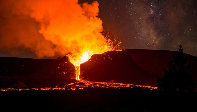 A dramatic nighttime eruption of a volcano, showcasing lava flow and a vibrant display of fiery orange against a dark night sky filled with stars.