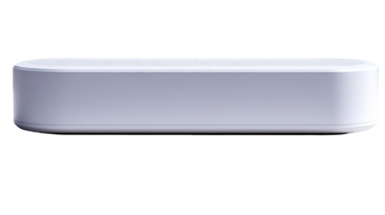 Sleek White Rectangular Electronic Device with Perforated Top Surface.