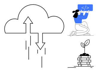 Cloud with upload and download arrows, person coding on tablet, and small plant sprouting from soil. Ideal for technology, cloud computing, programming, innovation, education, environment simple